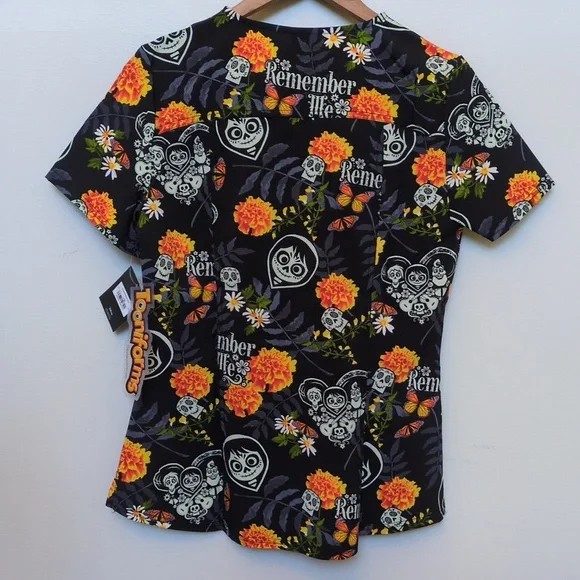 NWT Women's S Coco Scrub Top Tooniforms Disney Pixar Sugar Skull Floral Marigold - Picture 2 of 10